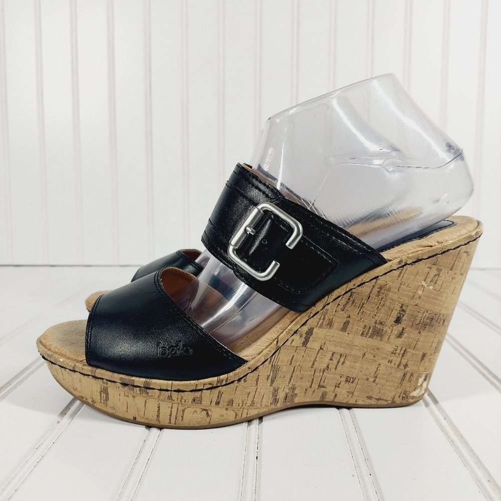 Bolo Leather  Black Slip On Wedge Buckle Summer Sandals Heels Shoes A661